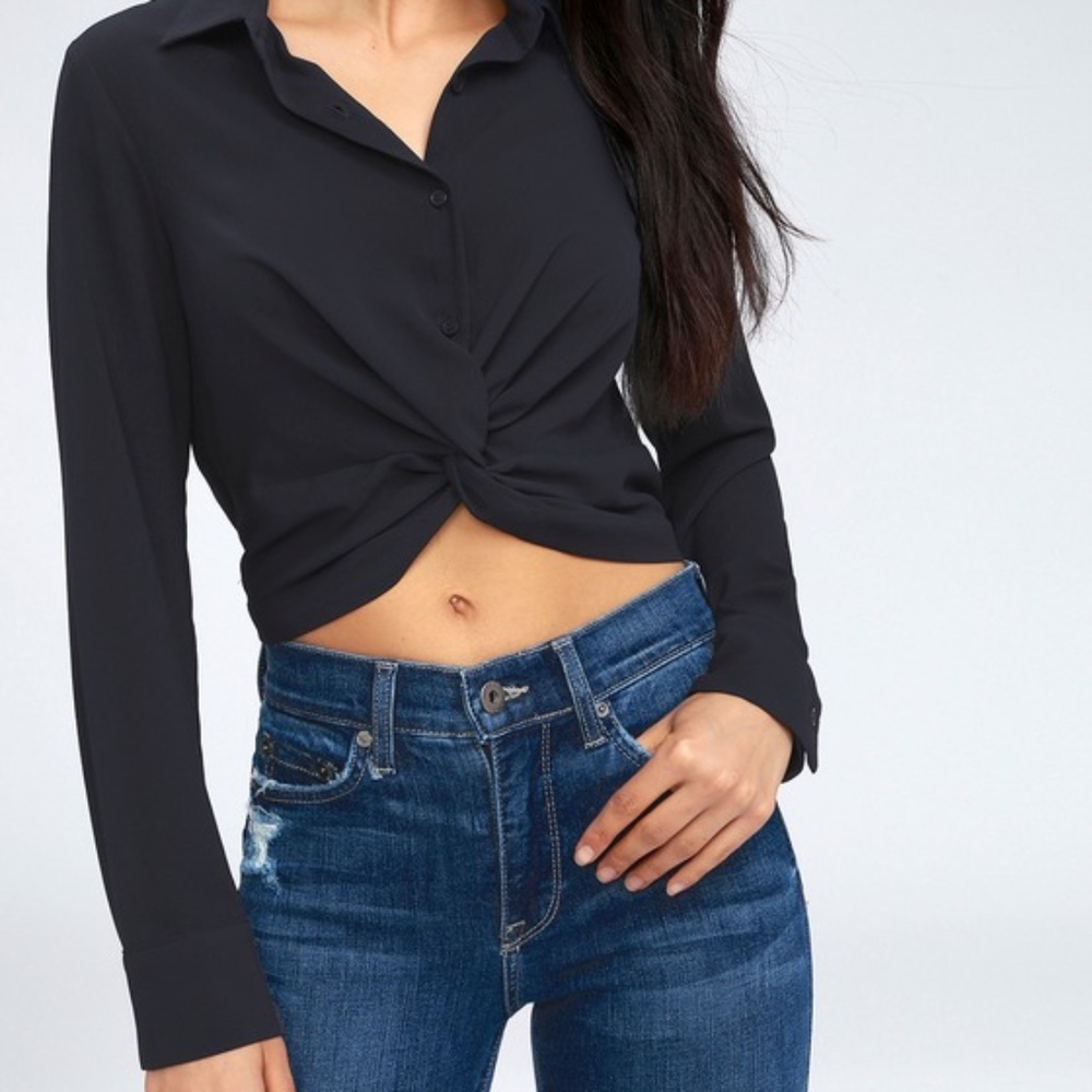 Lulus Fischer Navy Blue Button-up Crop Top - Size Medium